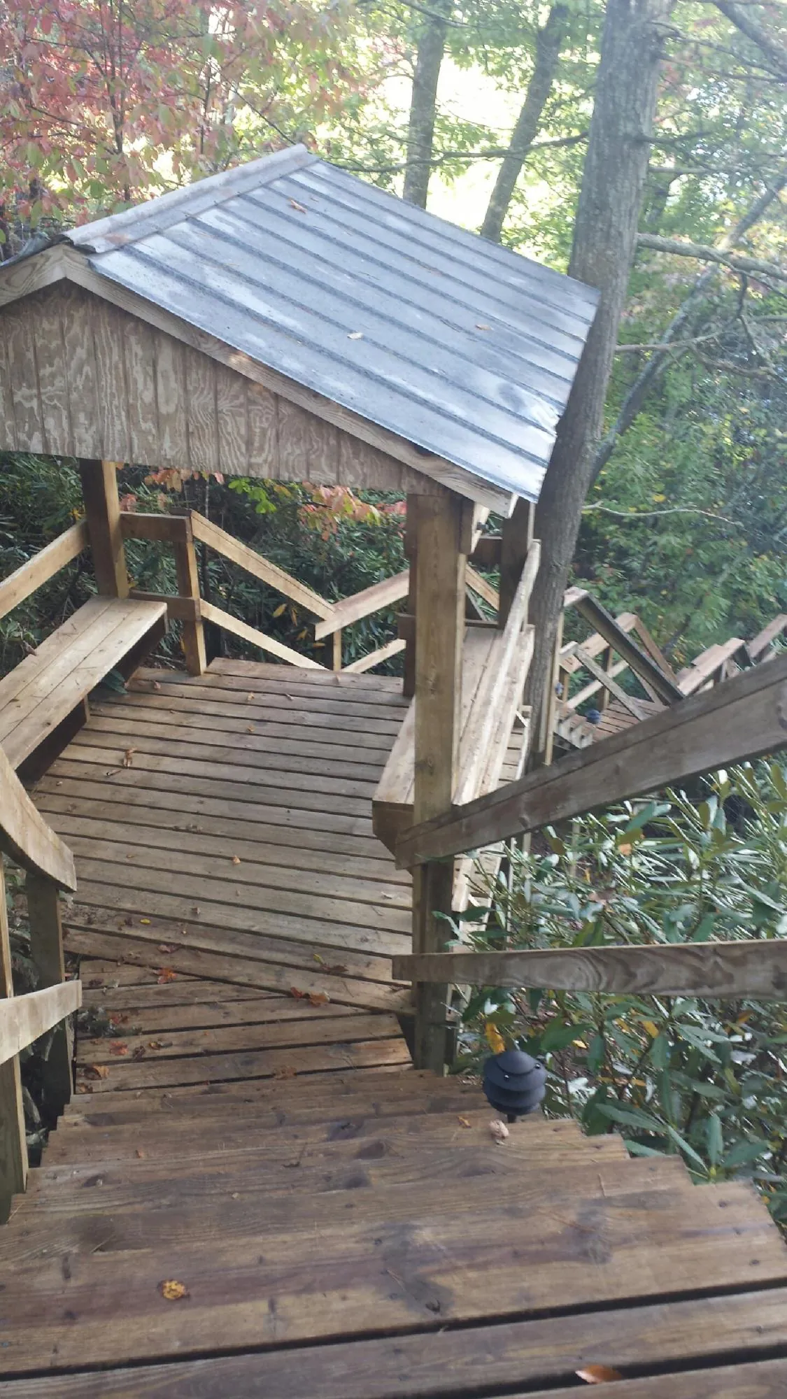 Metal roofed shelter over wooden steps on a wooded walkway — Skylight Repair & Installation work by our crew in Humphrey